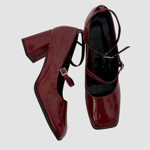 Cherry Burgundy Red Faux Patent Leather Mary Jane Heels Large Size US 12 / 14